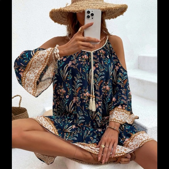 Boho Gypsy Floral Print Cold Off Drop Shoulder Tassel Dress - Picture 4 of 7